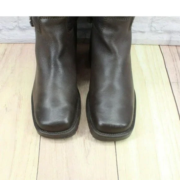 LL Bean Brown Leather Pull On Faux Fur Heeled Tall Boots Size 8 - Picture 5 of 11